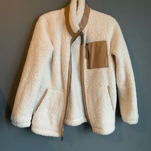 Sherpa zip up sweater with faux leather trimming